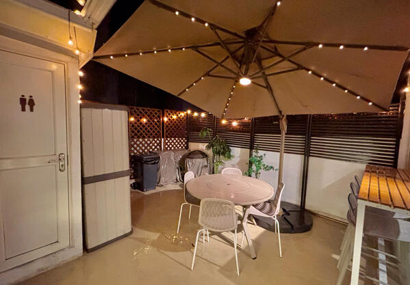 Outdoor BBQ terrace Outdoor BBQ terrace at ChillsVille Party Room in Lai Chi Kok, Kowloon. A covered outdoor terrace that works well for BBQ, chats, and a relaxed gathering vibe.
